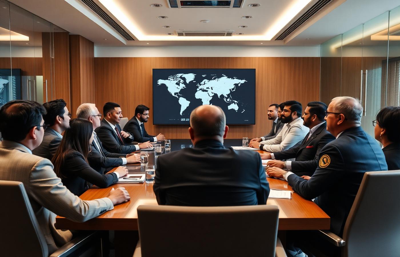 Leadership team meeting in a modern boardroom discussing global strategy